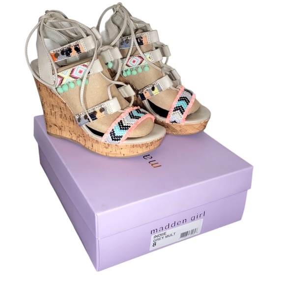❤️HOST PICK❤️Madden Girl Indiie Grey Multi Wedge Sandal Size 8 - Picture 3 of 4